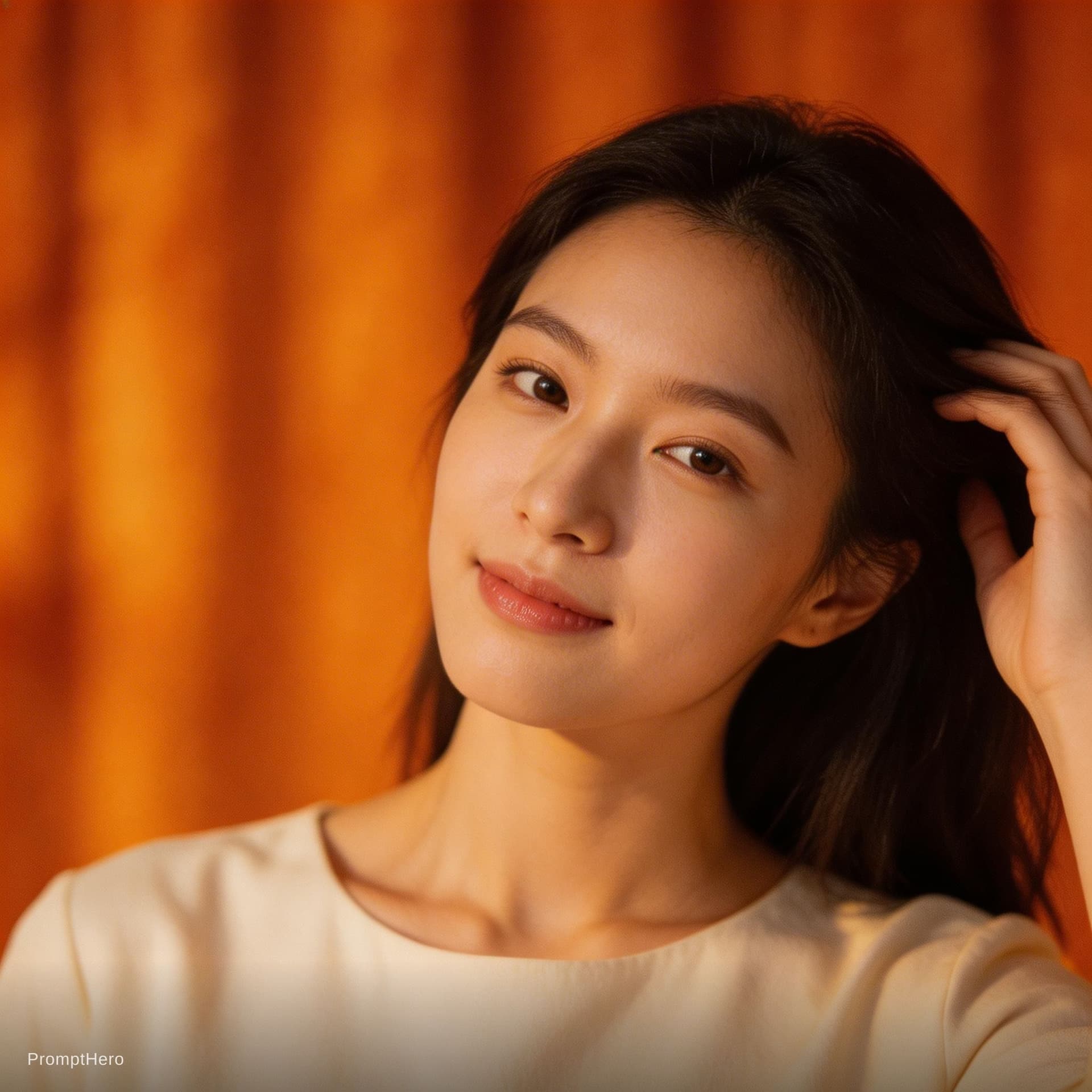 AI generated: Cinematic vertical video (9:16), single Korean female model posing in a studio. Solid orange backdro...