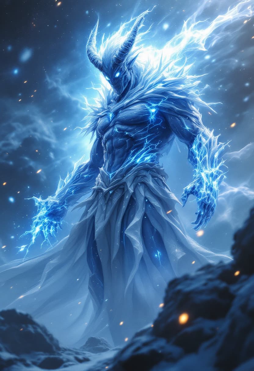AI generated: God of Ice, full-body, Etherial, muscular, No mouth or hair, Glowing White eyes, epic, cinematic, 8k...