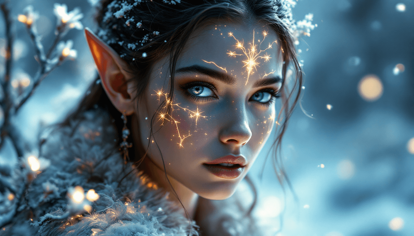 AI generated: A majestic elf face illuminated by the soft glow of luminescent plants, exuding an atmosphere of anc...