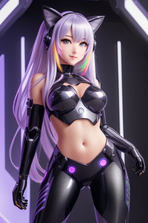 AI generated: full body portrait, robotic catgirl, anime face, robotic cat ears, short holographic hair, robotic c...
