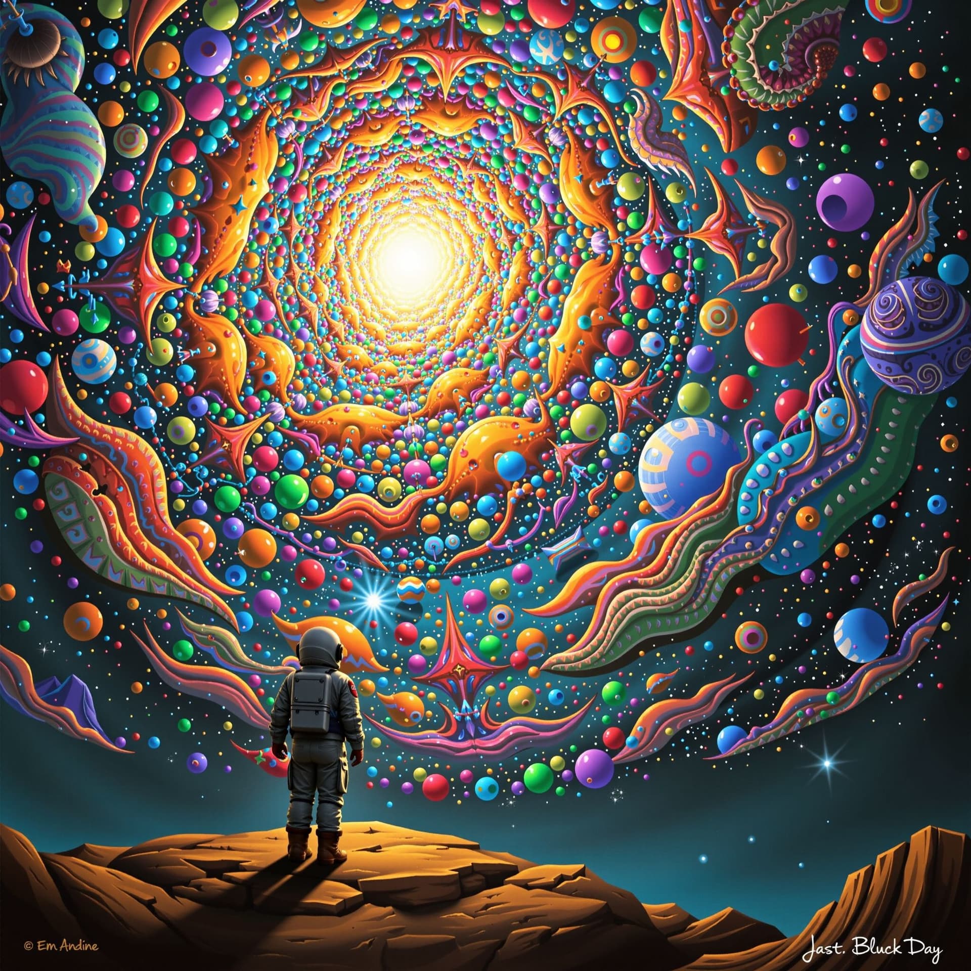 AI generated: A lone figure in a spacesuit, standing on the edge of a fractured reality, looking into a kaleidosco...