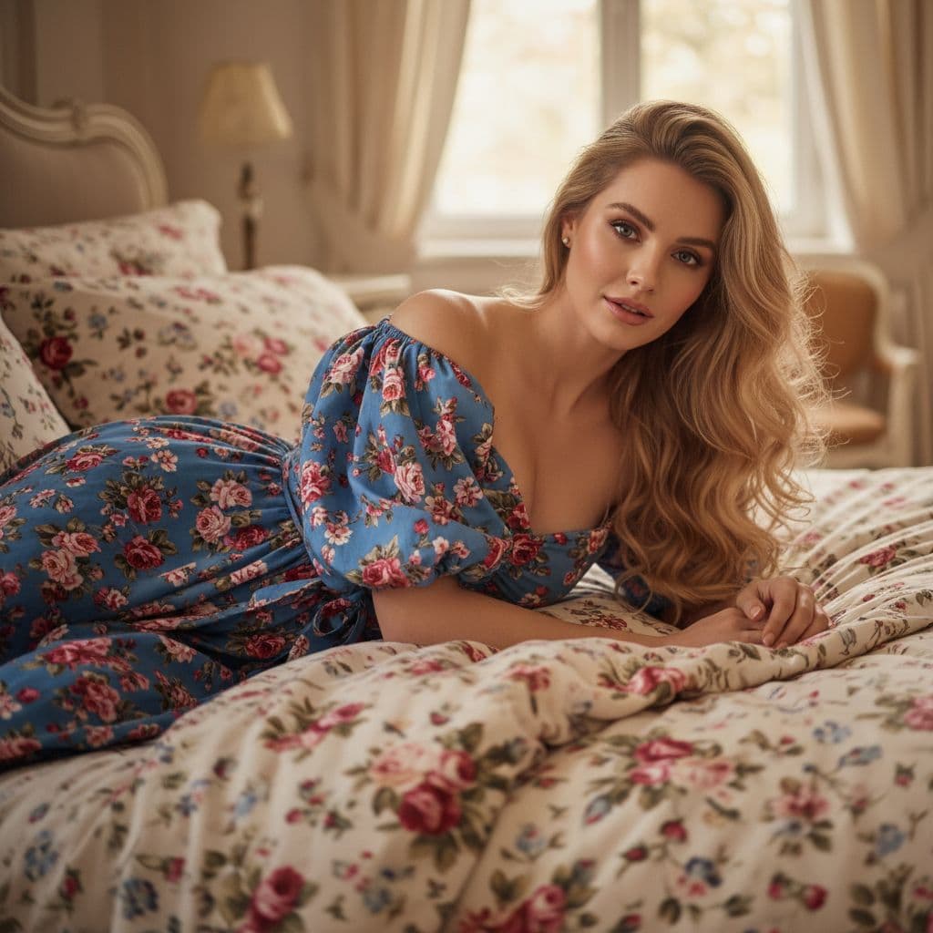 AI generated: A **soft, intimate portrait** of a **woman with long, wavy blonde hair**, gracefully resting on a **...