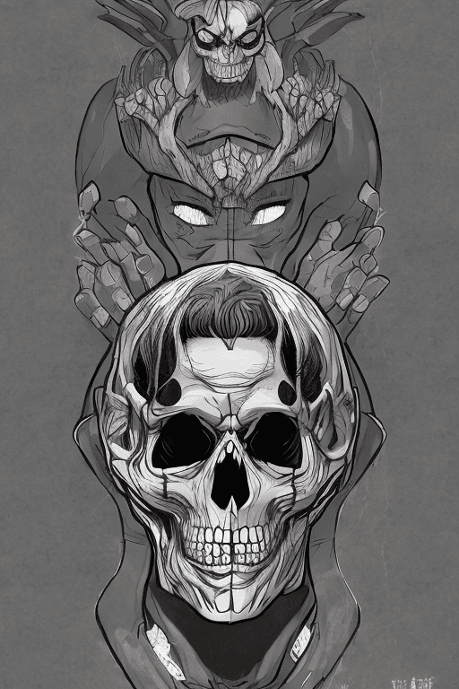 AI generated: a full body game character sketch villain wearing a smiling skull mask