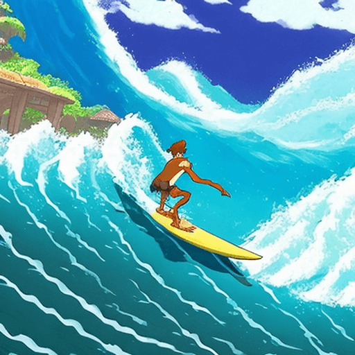 AI generated:  a man surfing a wave in Bali, by Miyazaki, Nausicaa Ghibli, Breath of The Wild --s 750 --q 2 