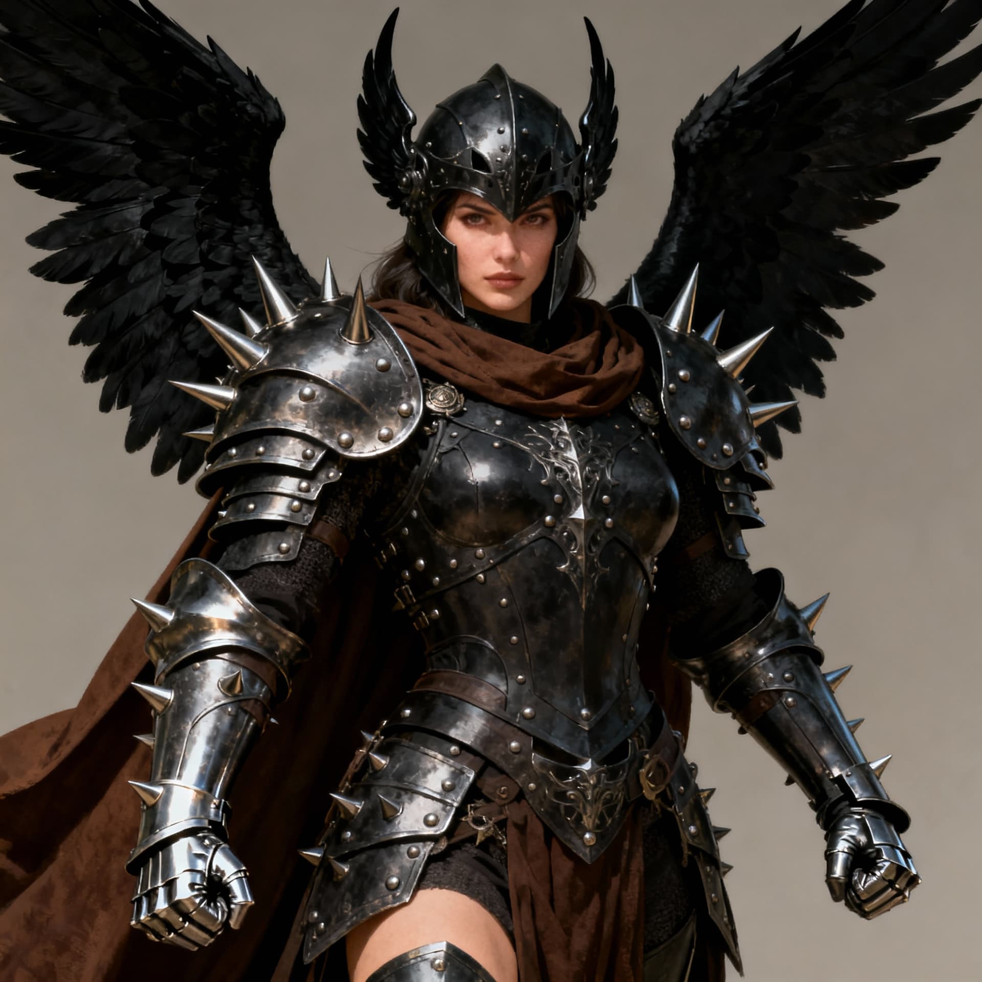 AI generated: Design a woman wearing dark, fantasy-style metal armor, full of details and rivets, large, spiky sho...