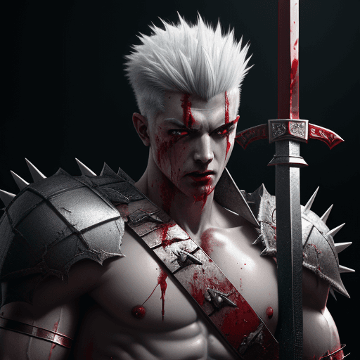 AI generated: Male war god, white spiky hair, muscle, great sword, blood, dark expression, red killing eyes. cinem...