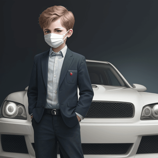 AI generated: Boy with a car in his pocket and with a mask in his fingers