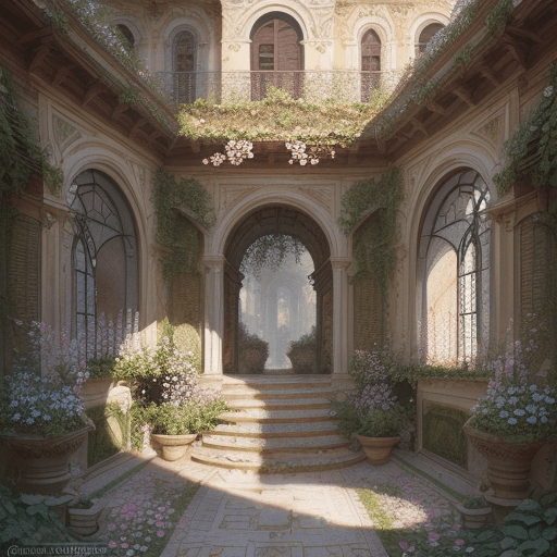 AI generated: Overgrown blooming flower, garden, Italian ornate courtyard, Watercolor, trending on artstation, sha...