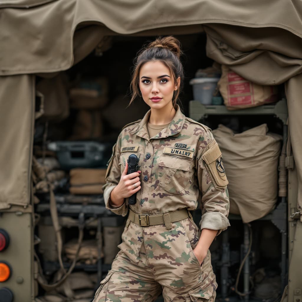 AI generated: A nice female soldier standing behind an army Jeep with military gear and supplies, including a visi...