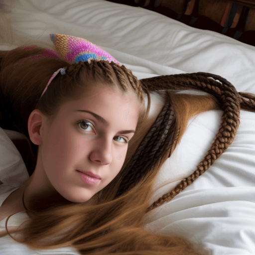 AI generated: young teen barly anycovrage tied to a bed long braids
