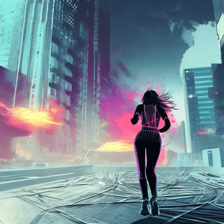 AI generated: a scene of a cyberpunk woman running, explosion behind, futuristic city, high quality