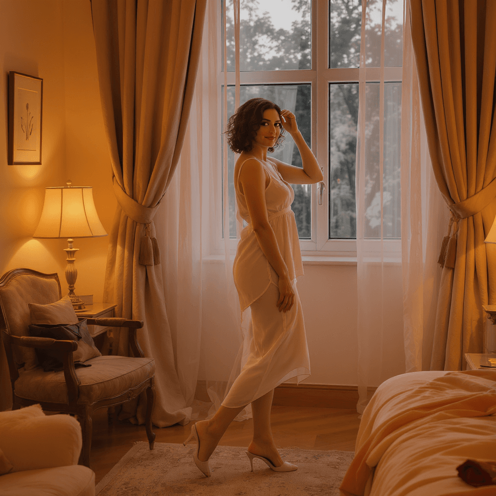 AI generated: A softly lit room with warm evening tones. A 50-year-old Turkish woman with curly hair stands near a...