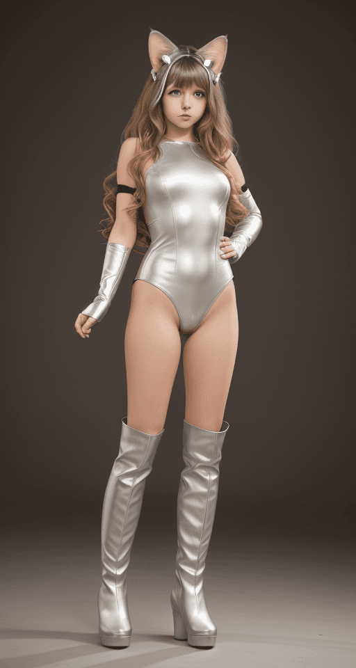 AI generated: Young lady, long light beige wavy hair, dark eyes, cat ears, wide hips, silver boots, spotlight in t...