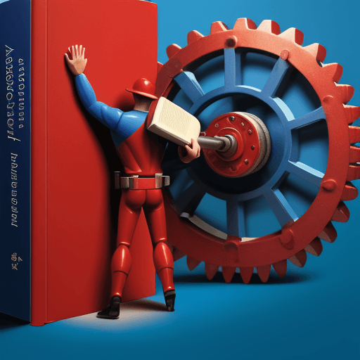 AI generated: Hyperrealistic logo, blue and red contrast color, book with the figure of a man moving a gear.