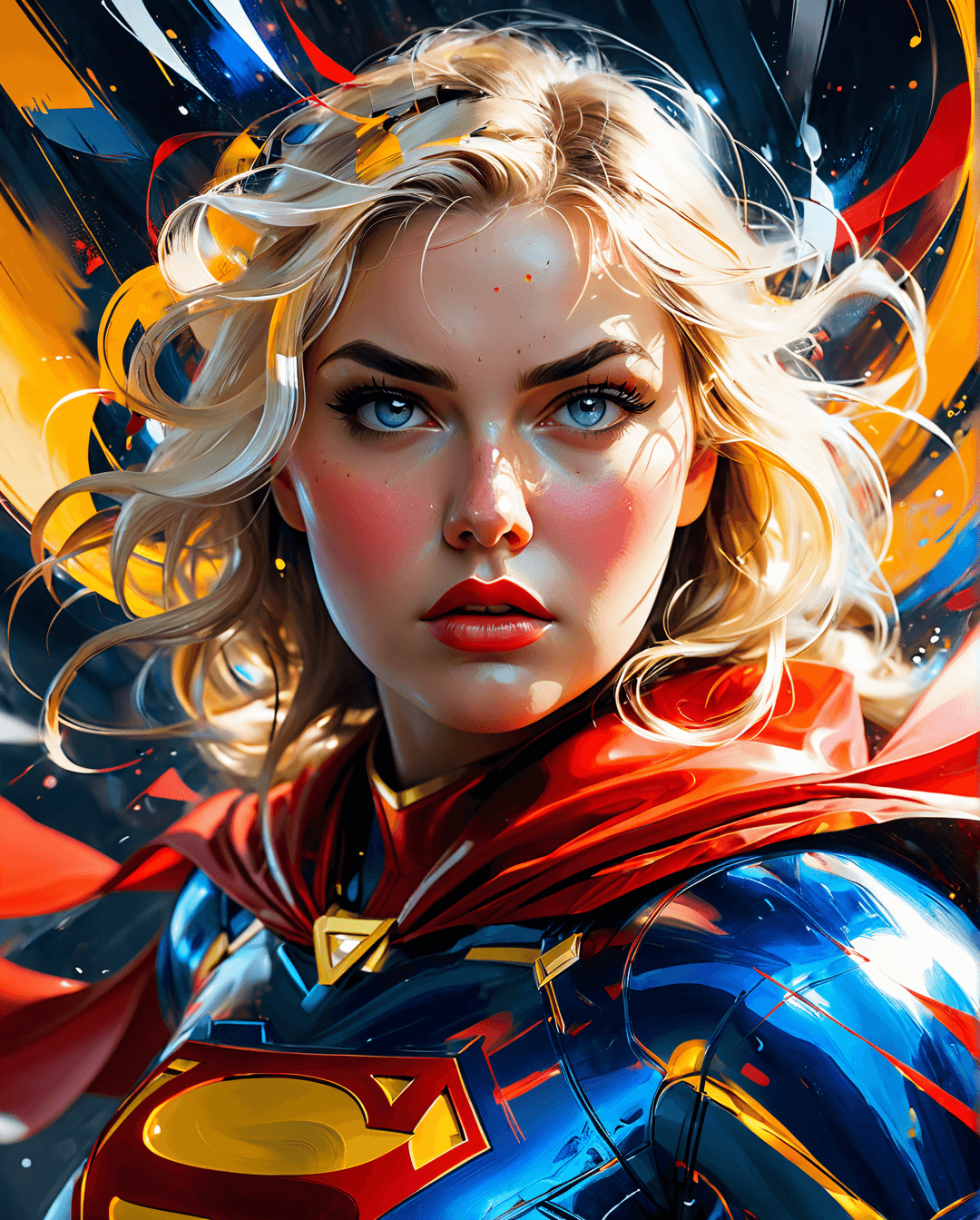 AI generated: abstract expressionist painting a Close up Potrait of fat women as Superwomen with blonde hair and i...
