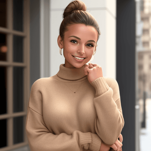 AI generated: The image features a beautiful young woman, a tan sweater, standing in front of a building, hair pul...