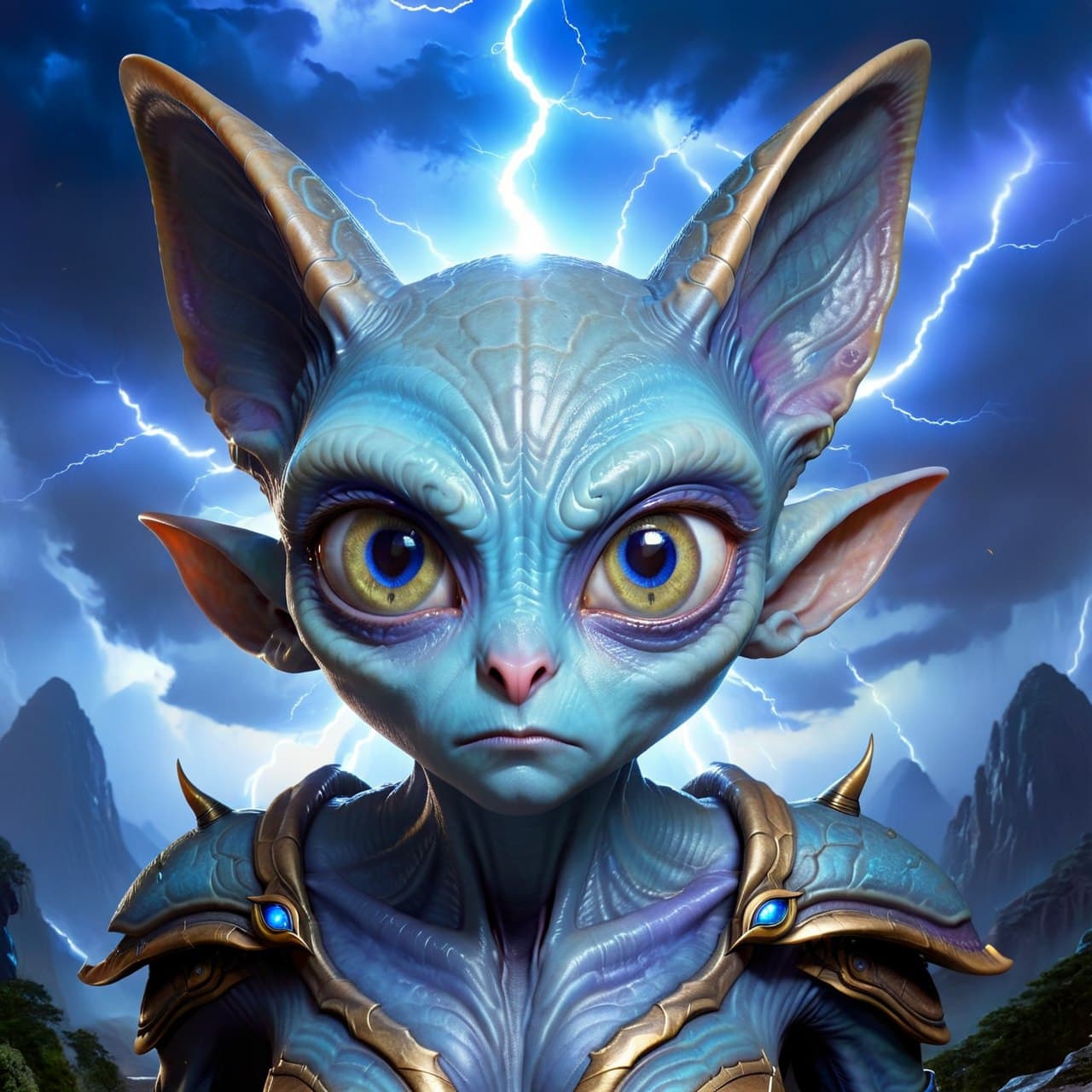 AI generated: blue alien with one big eye and big ears, crazy colors, portrait, centered, detailed character, extr...
