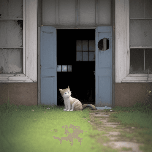 AI generated: Create an image of a little cat sitting in the grass in front of the door of an old, dilapidated hou...