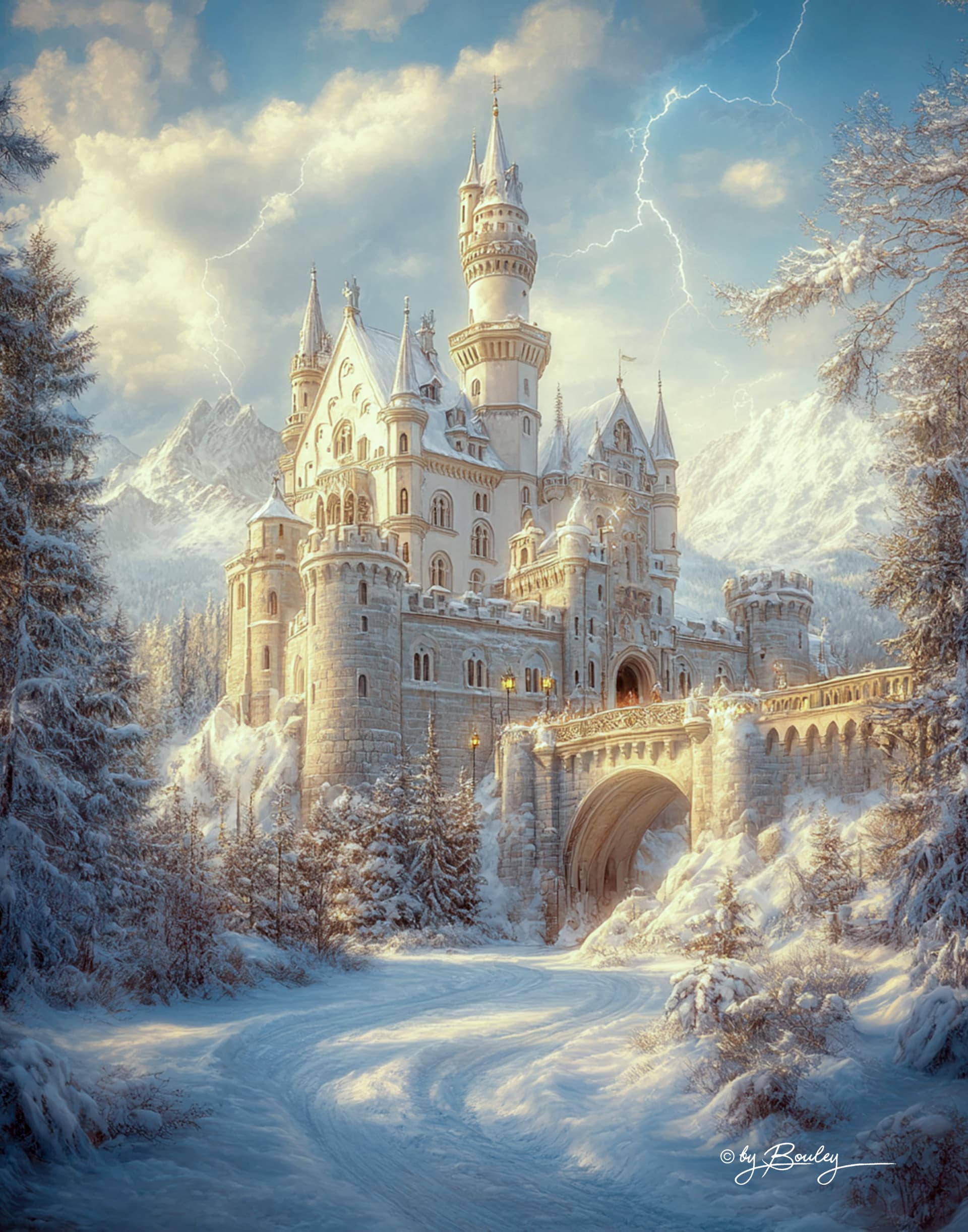 AI generated: castle neuschweinstein in the snowcapped alps at the golden hour during a lightning storm --ar 4:5 -...