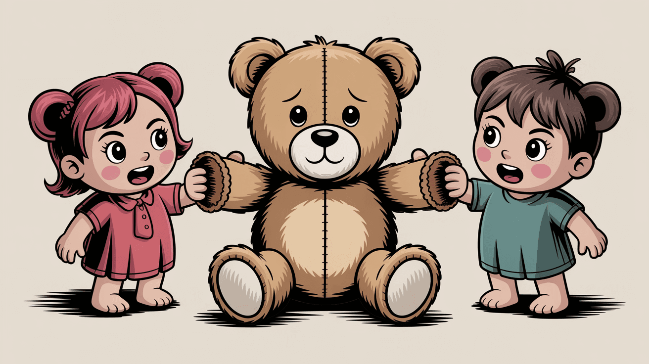 AI generated: poor teddy bear getting his arms pulled off by evil dolls because it get to much love from the playg...