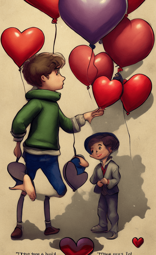 AI generated: a poster depicts a boy holding a heart shaped balloon, in the style of sketchfab, poodlepunk, warm t...