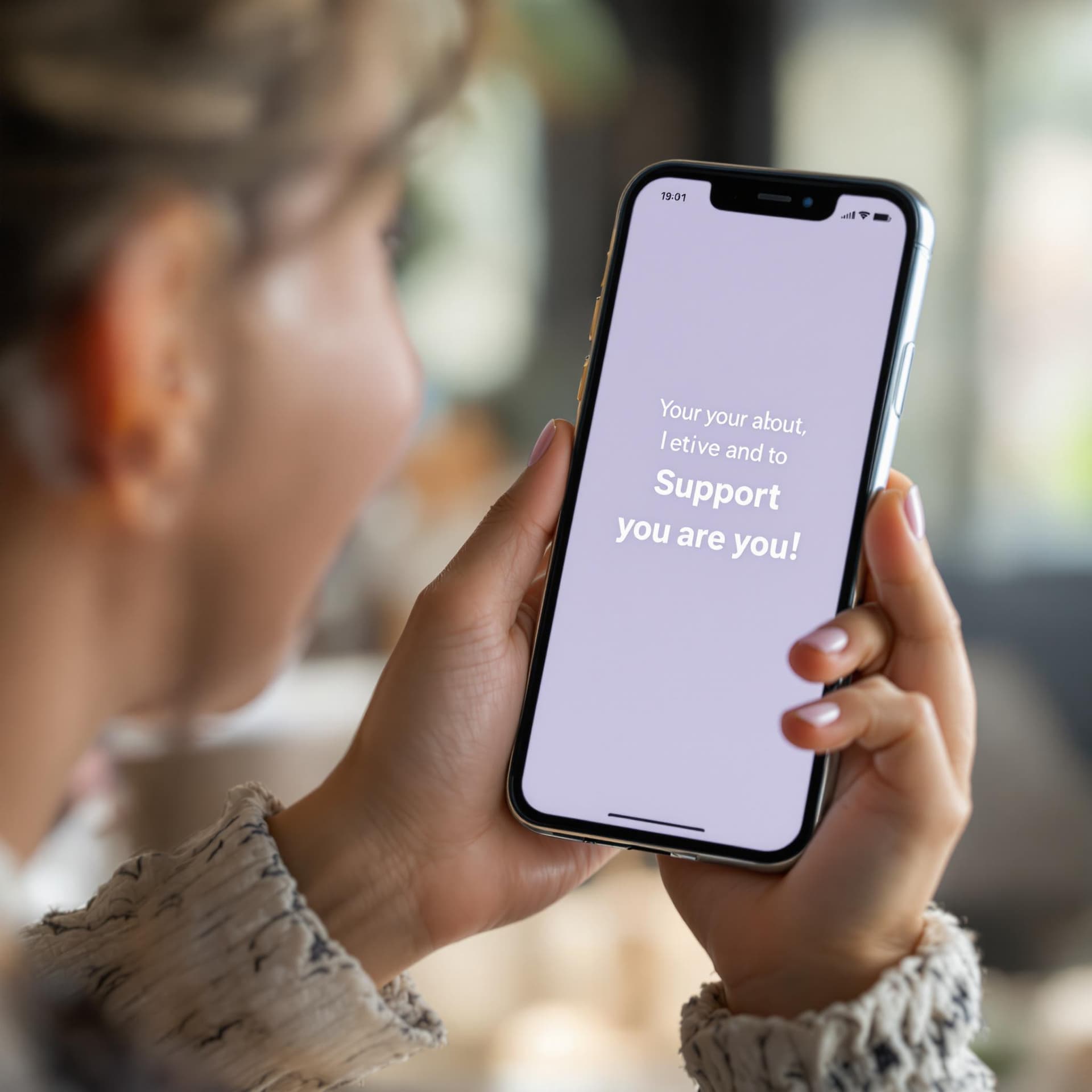 AI generated: A person smiling while holding a phone with a supportive message on the screen. dslr, ultra quality,...