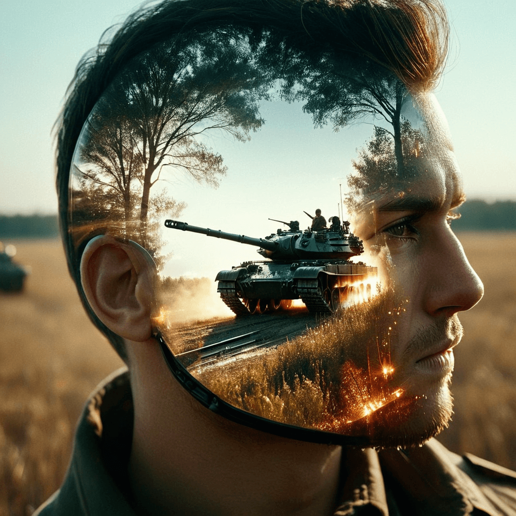 AI generated: dvr-wwyt, shot on iphone of a realistic man, a tank, double exposure, stunning light, ultra realisti...