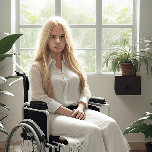 AI generated: A photo of a 35-year-old woman with long blonde hair sitting in a wheelchair. She is wearing an over...