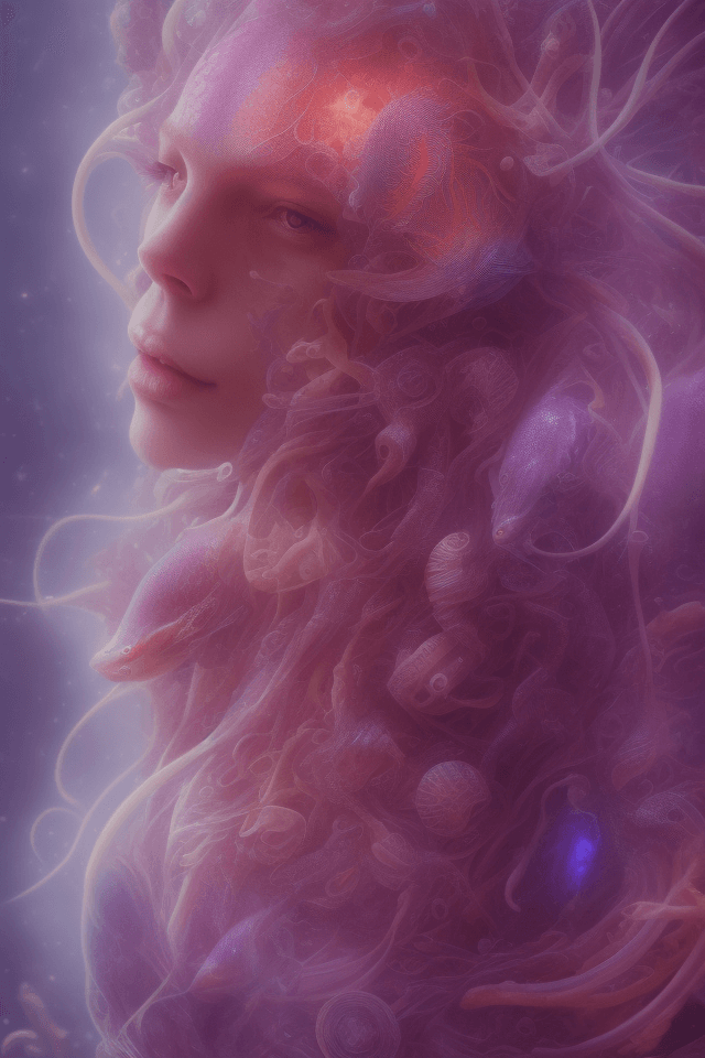 AI generated: Goddess close-up portrait ribcagel. jellyfish phoenix head, nautilus, orchid, skull, betta fish, bio...