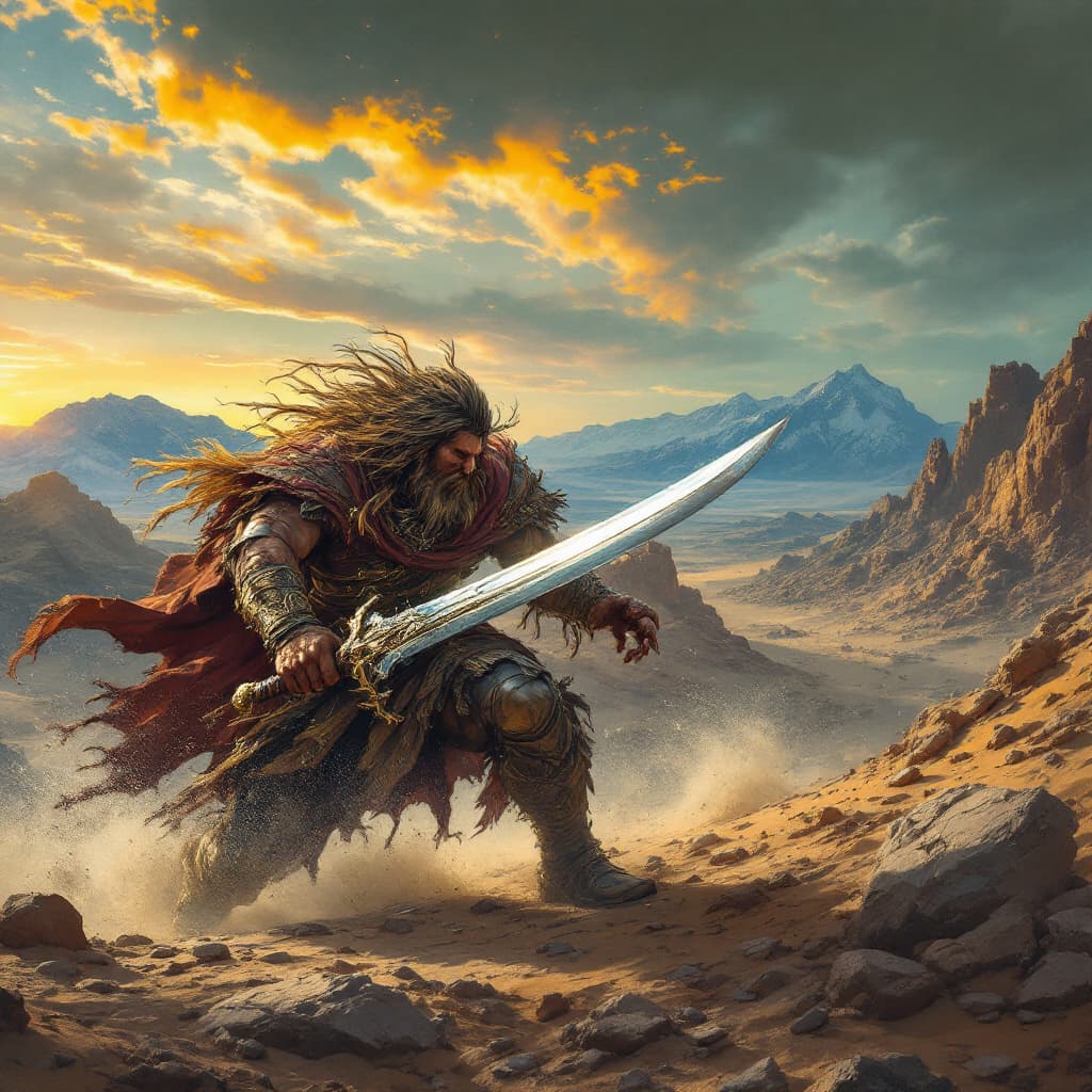 AI generated: human man carry sword and fight at the dessert 