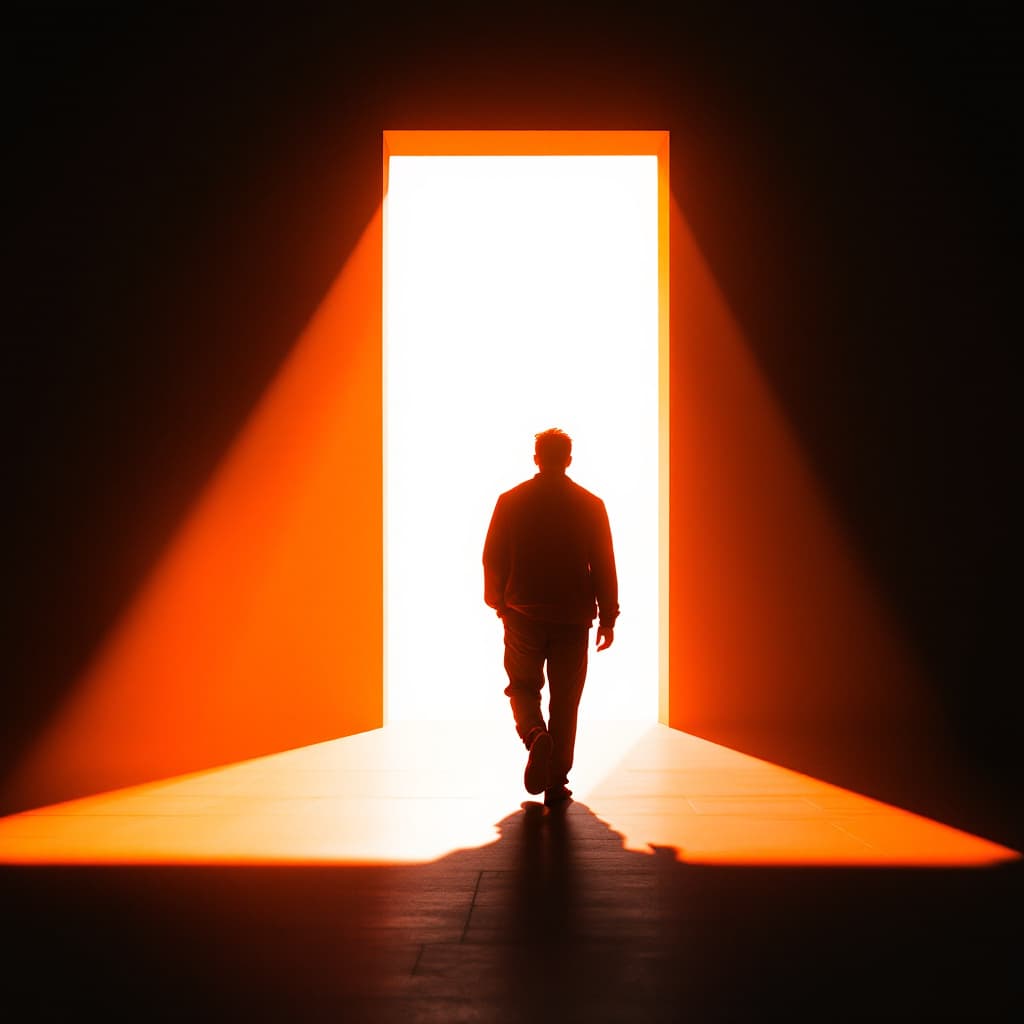 AI generated: sunlight casting deep orange shadows while a man walking toward the light is silhouetted against bri...