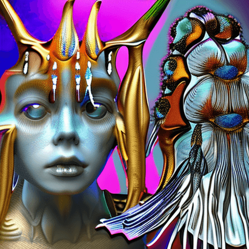 AI generated: Goddess close-up portrait ribcagel. jellyfish phoenix head, nautilus, orchid, skull, betta fish, bio...
