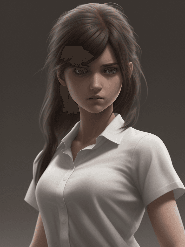 AI generated: a girl with white shirt, in the style of comic book-style art, rendered in maya, dark brown and whit...