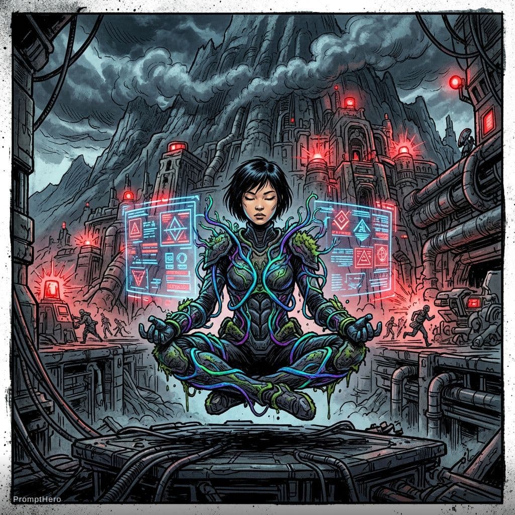 AI generated: comic image of a young asian female animation character in the style of Enki Bilal , Holographic and...
