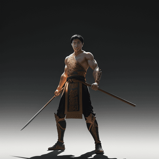 AI generated: A young man stands tall and strong like Jet Li and Jackie Chan mythology, holding spear held by his ...