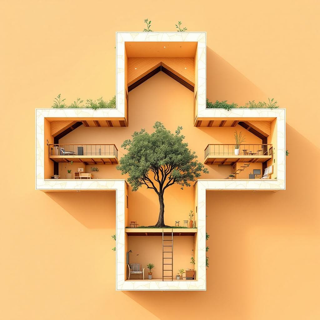 AI generated: An architectural section of a cross shaped 25sq.m house with a loft in the center. Add an olive tree...