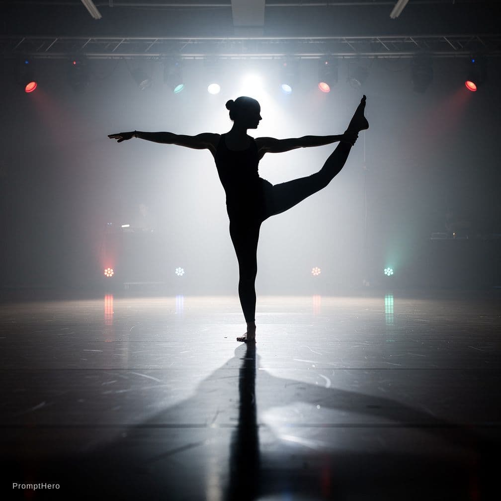 AI generated: A woman doing a yoga pose nude. On a dance floor.