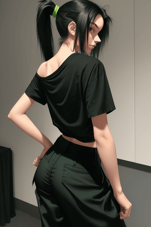 AI generated: Girl, 18yo, tall, black hair shoulder-length, ponytail
Black tshirt, green pantaloons 