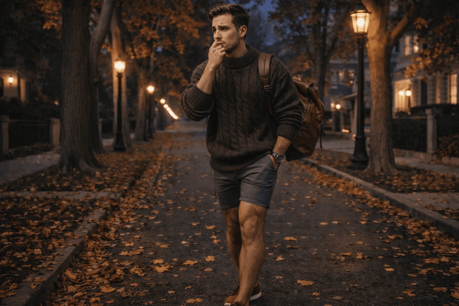 AI generated: In a cold night in the beginning of Autumn. 
The model is walking on the sidewalk in a very nice nei...