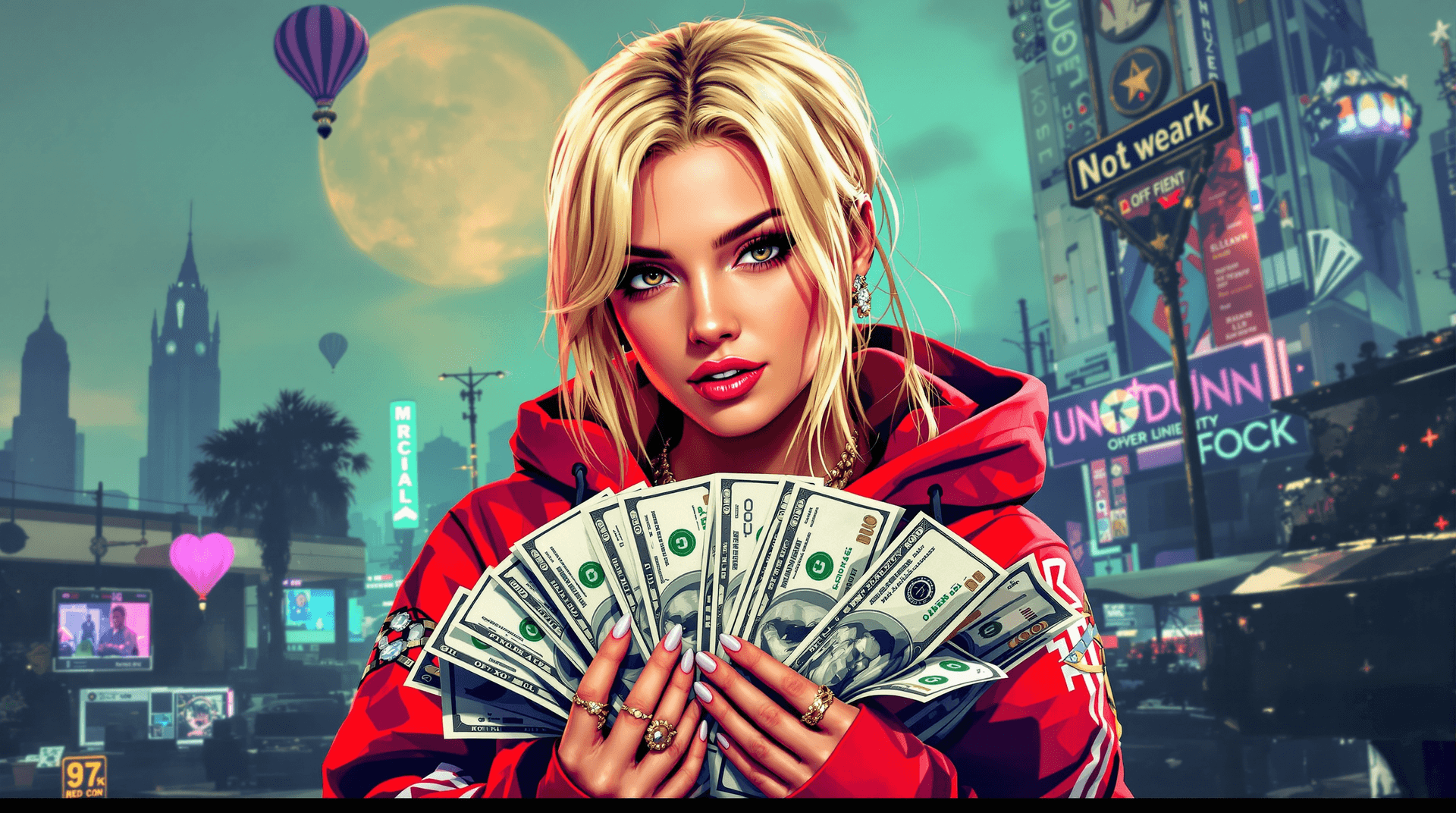 AI generated: young blonde woman in a red hoodie holding a bunch of money, gta art, style of gta v artworks, paid ...