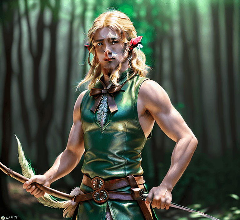 AI generated: high detailed professional upper body photo of a very young half-elf archer with shaggy blonde beard...