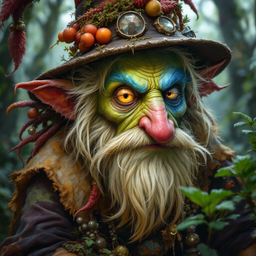 AI generated: A portrait of a folklore character, such as a sly trickster or a benevolent spirit. The style is rem...
