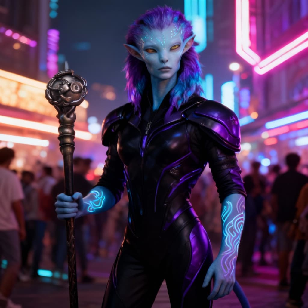 AI generated: Blend anthropomorphic to create a new anthropomorphic, alien hybrid. Give a Nightlife backdrop, and ...