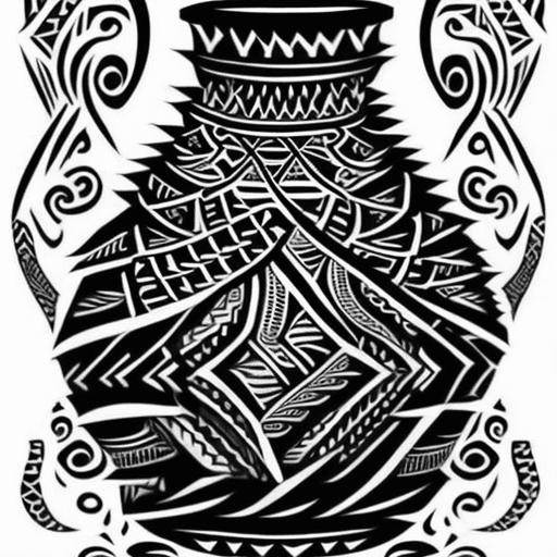 AI generated: Tribal tattoo style, Vase with water cascading out if it design, white background, clean background ...