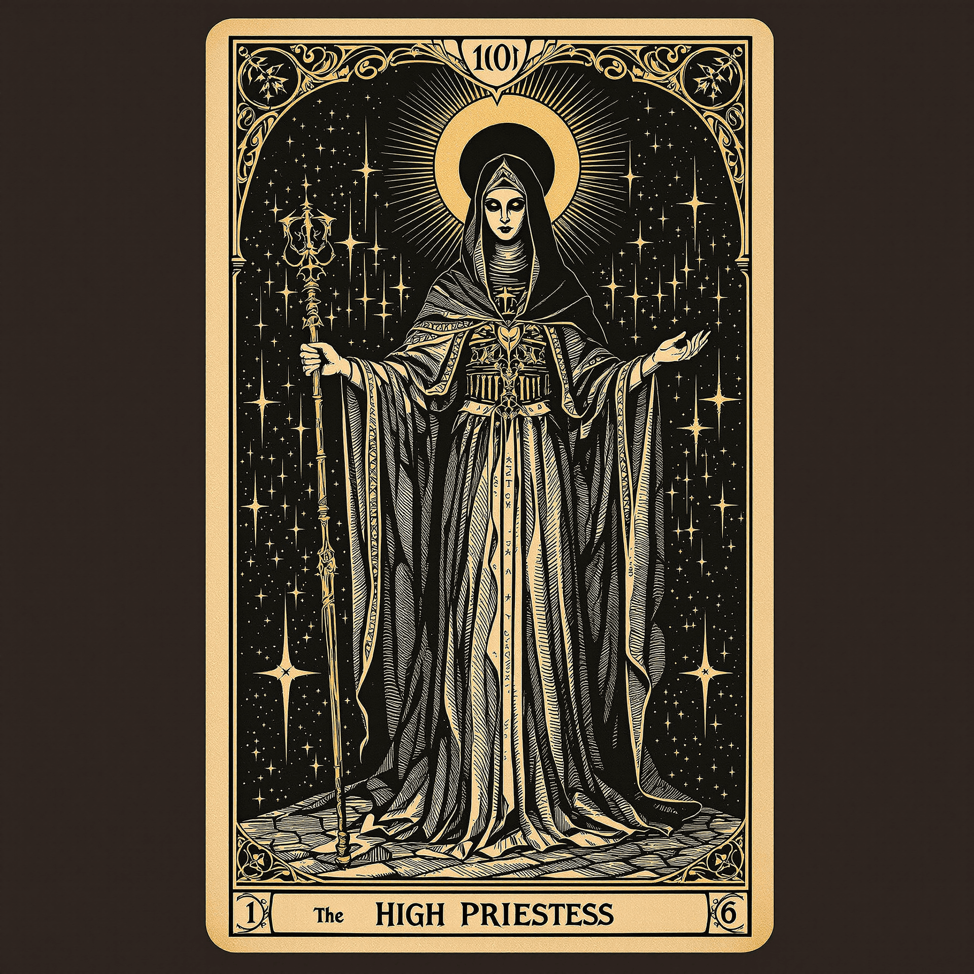 AI generated: "The High Priestess" or "The Popess" card illustrated as an antique engraving in Italian Renaissance...