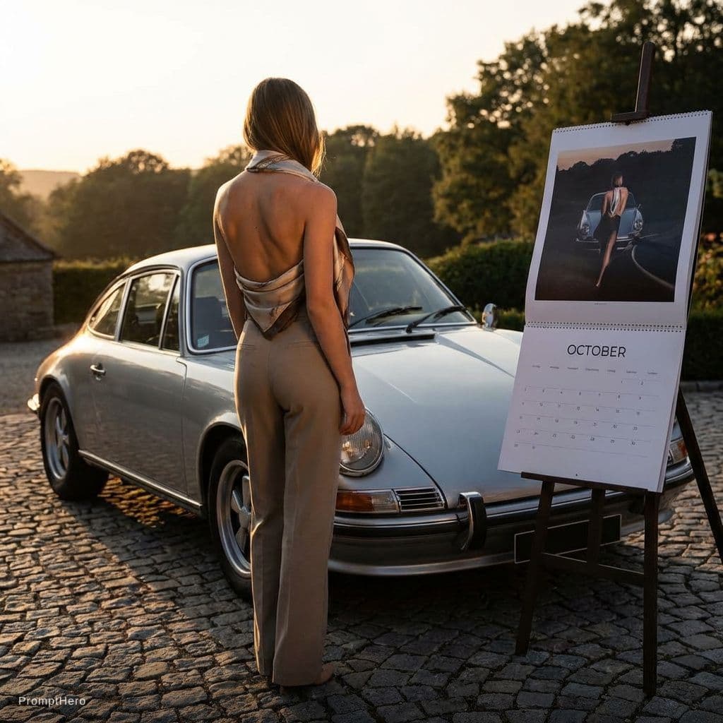 AI generated: Classy calendar photoshoot, realistic glamour, fine art nude, 1girl, in front of a Porsche 911 class...