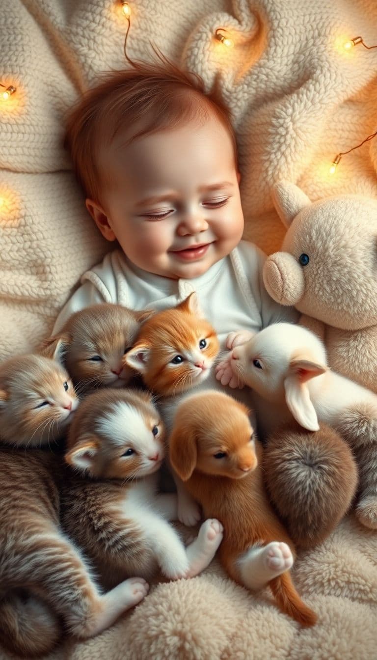 AI generated: A hyper-realistic image of an adorable baby in soft pajamas, lying in a cozy bed surrounded by fluff...