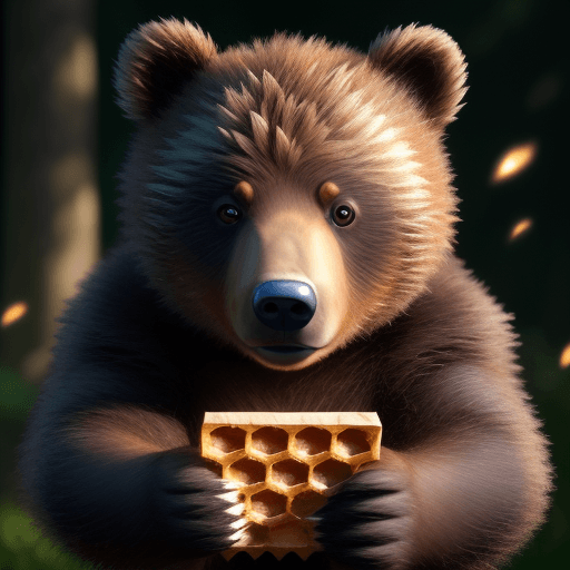 AI generated: (bear cub), (perfect eyes), (snout shining), (holding a honeycomb), (super HD resolution, best quali...