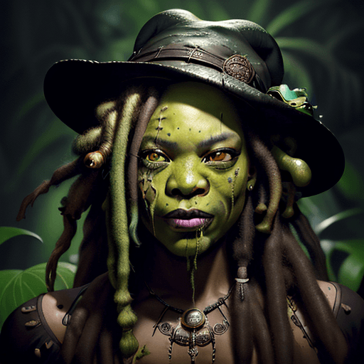 AI generated: High resolution A bullfrog face, voodoo, long moldy dreadlocks winking, waste high, dark swamp, 8k, ...