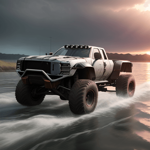 AI generated: Photo of a ultra realistic radical super truck prototipo of futur in combat on river, dramatic light...
